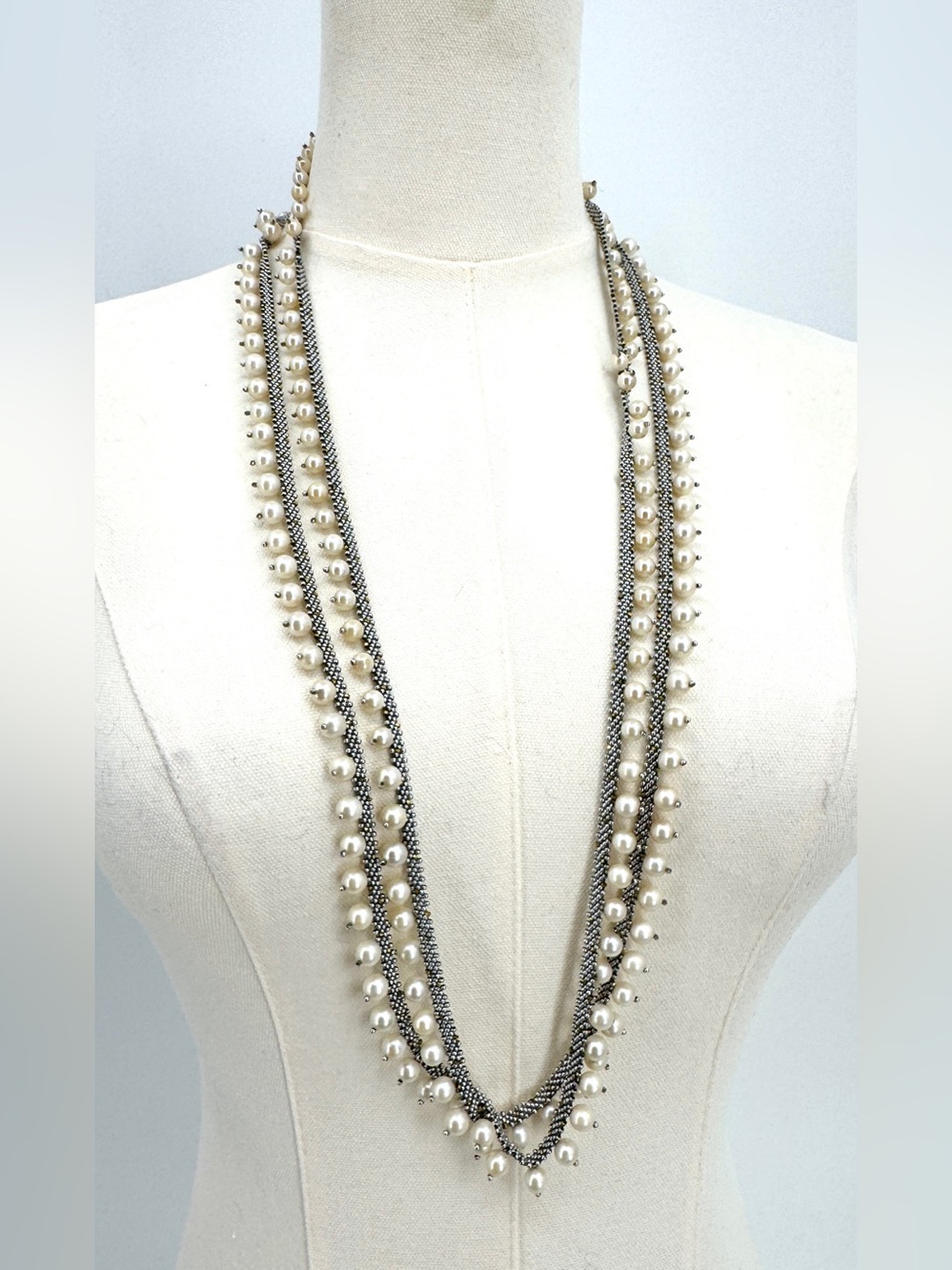 Estate vintage artisan pearl and silver necklace extra long